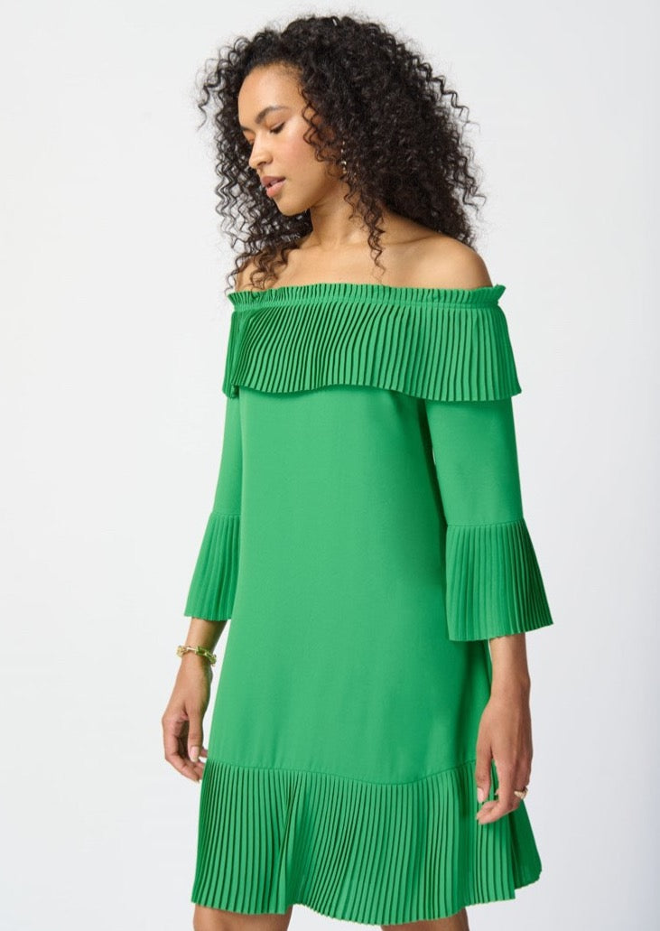 Joseph Ribkoff Georgette Island Green Off-the-Shoulder A-line Dress