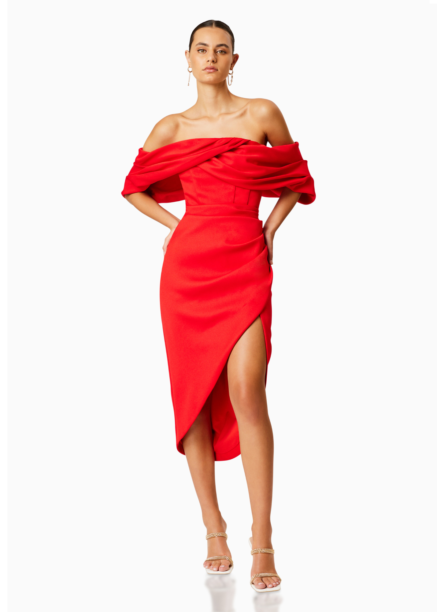Elliatt March Off Shoulder Midi Dress in Red