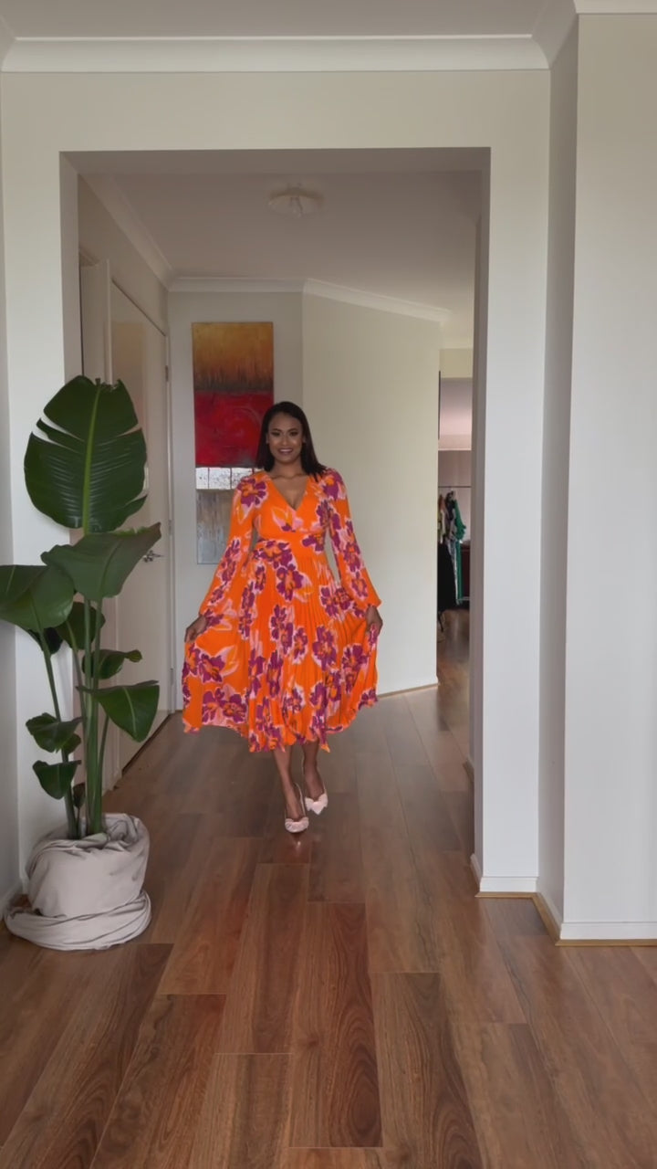 Coleen Orange Floral Pleated Midi Dress