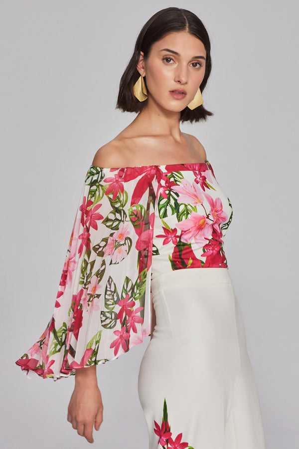 Joseph Ribkoff Floral Print Chiffon Off-the-Shoulder Top