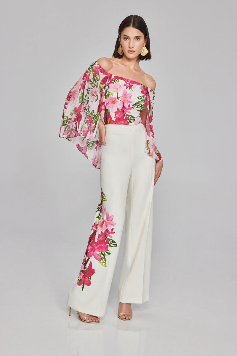 Joseph Ribkoff Floral Print Chiffon Off-the-Shoulder Top