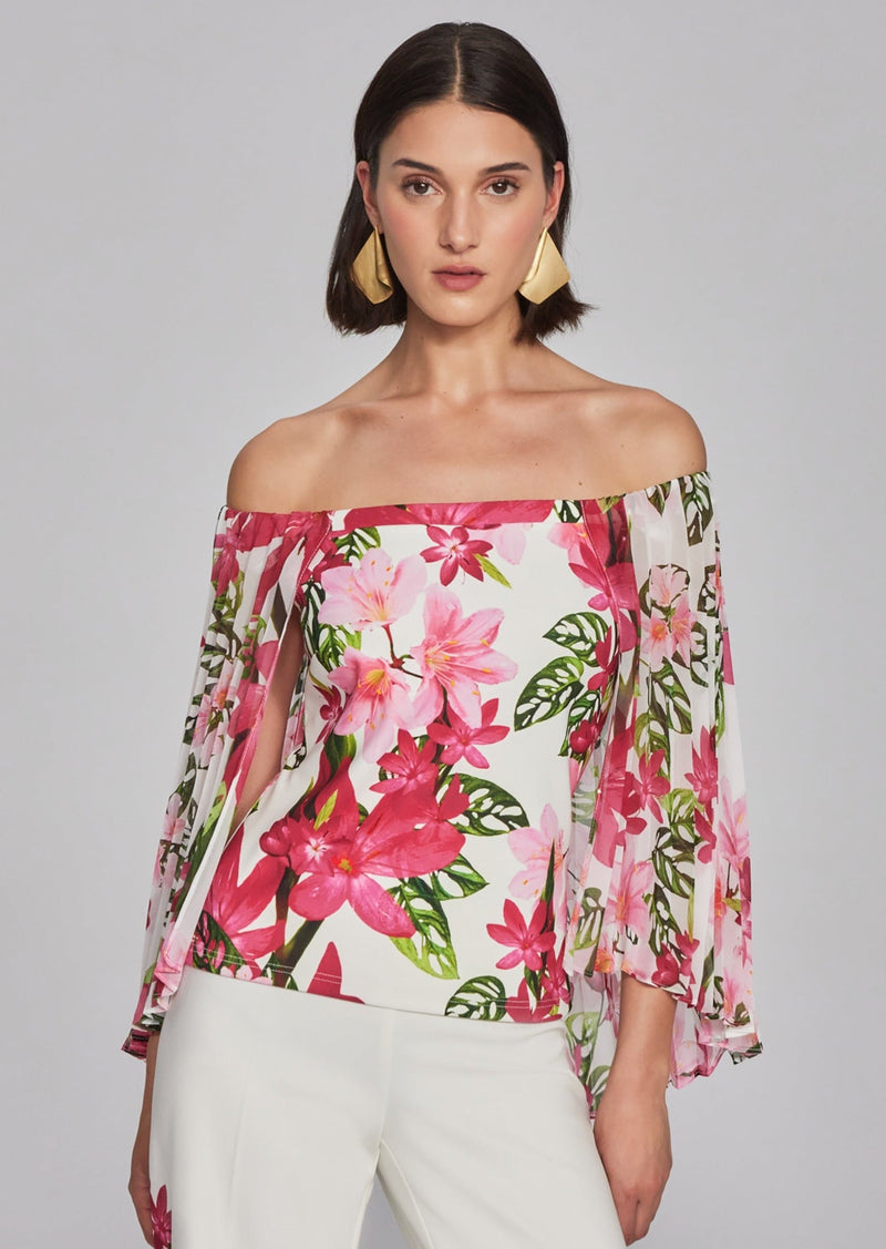 Joseph Ribkoff Floral Print Chiffon Off-the-Shoulder Top