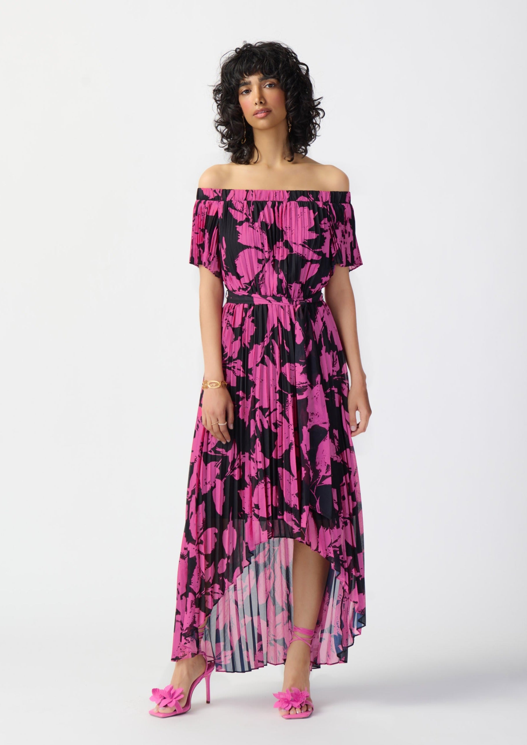 Joseph Ribkoff Floral Print Chiffon Off-Shoulder Pleated Dress