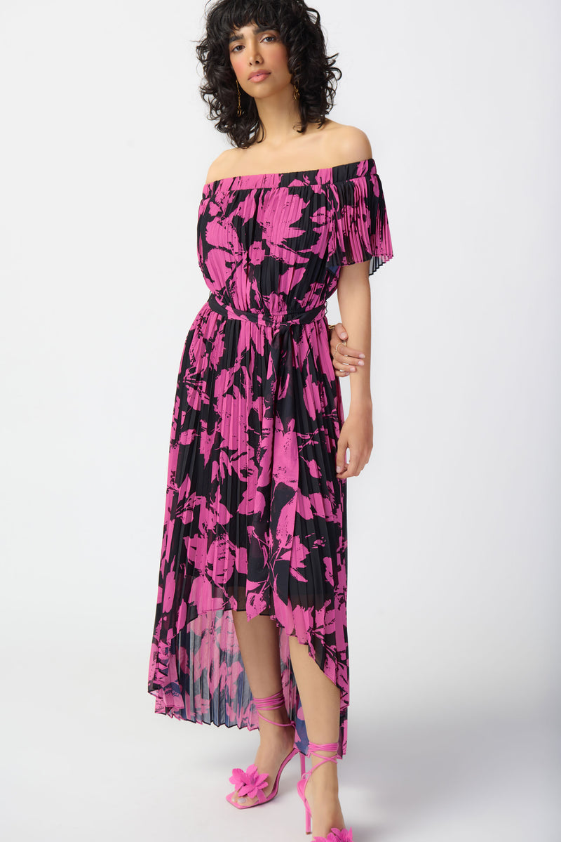 Sammy - Joseph Ribkoff Floral Print Chiffon Off-Shoulder Pleated Dress