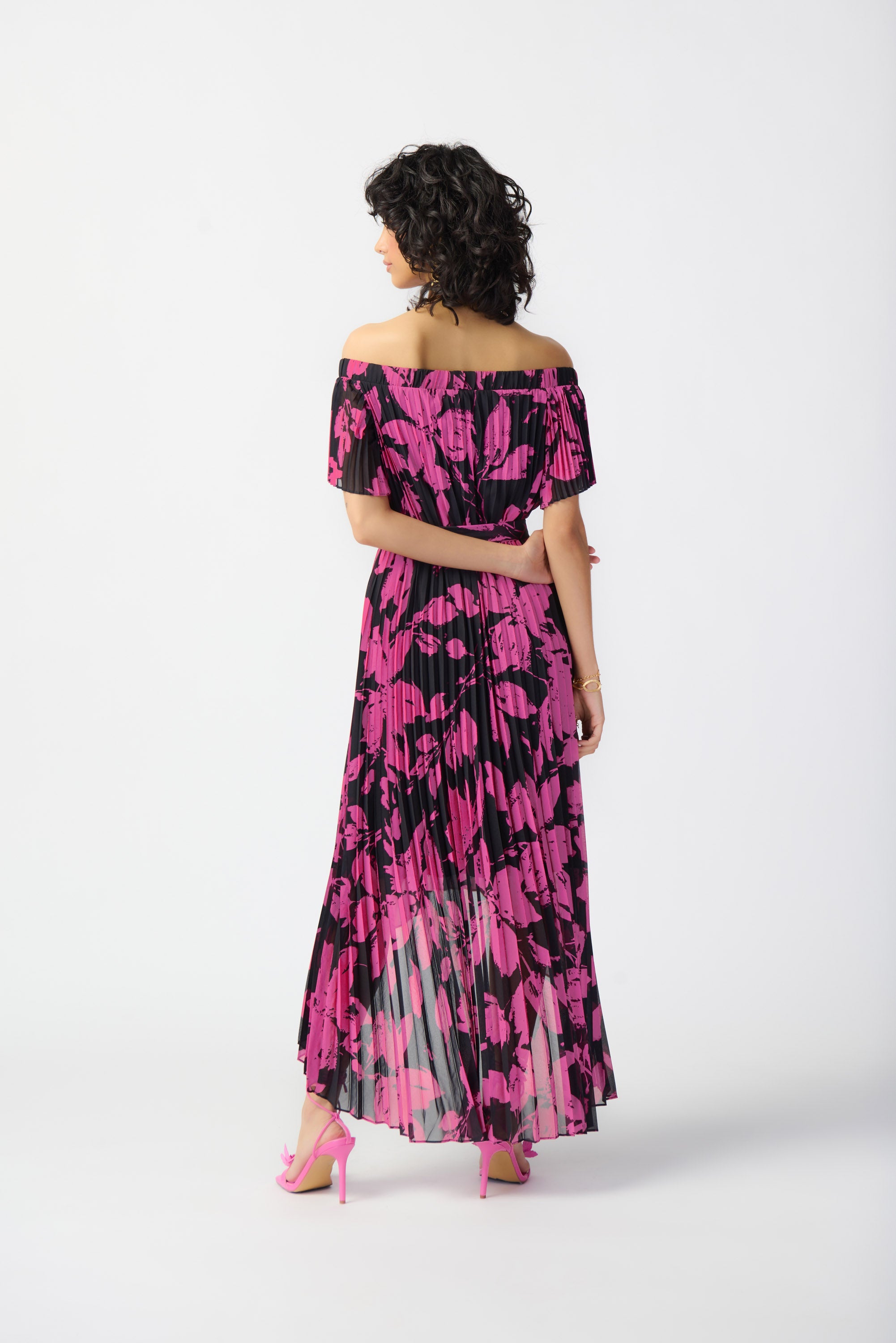 Joseph Ribkoff Floral Print Chiffon Off-Shoulder Pleated Dress