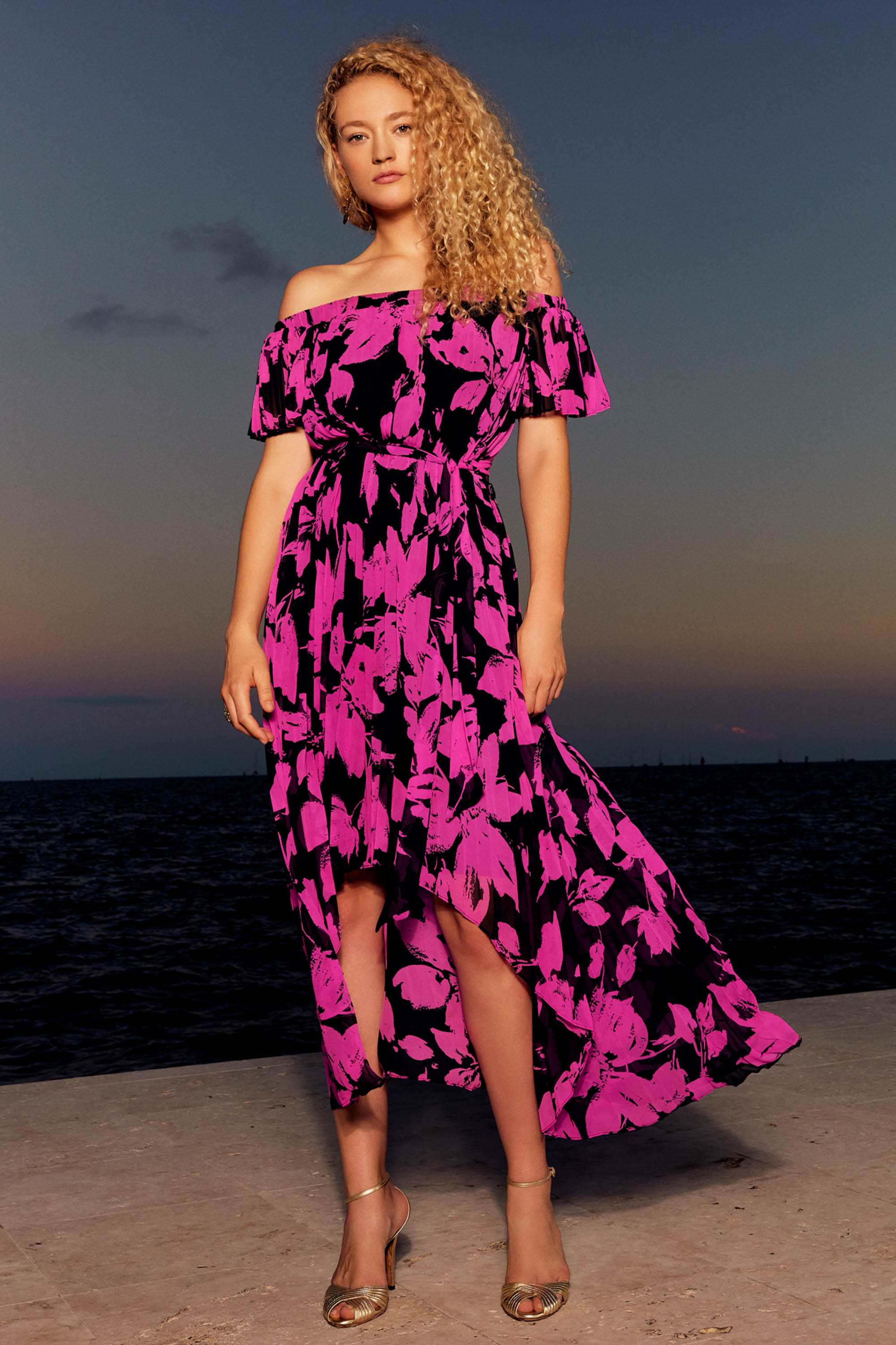 Joseph Ribkoff Floral Print Chiffon Off-Shoulder Pleated Dress