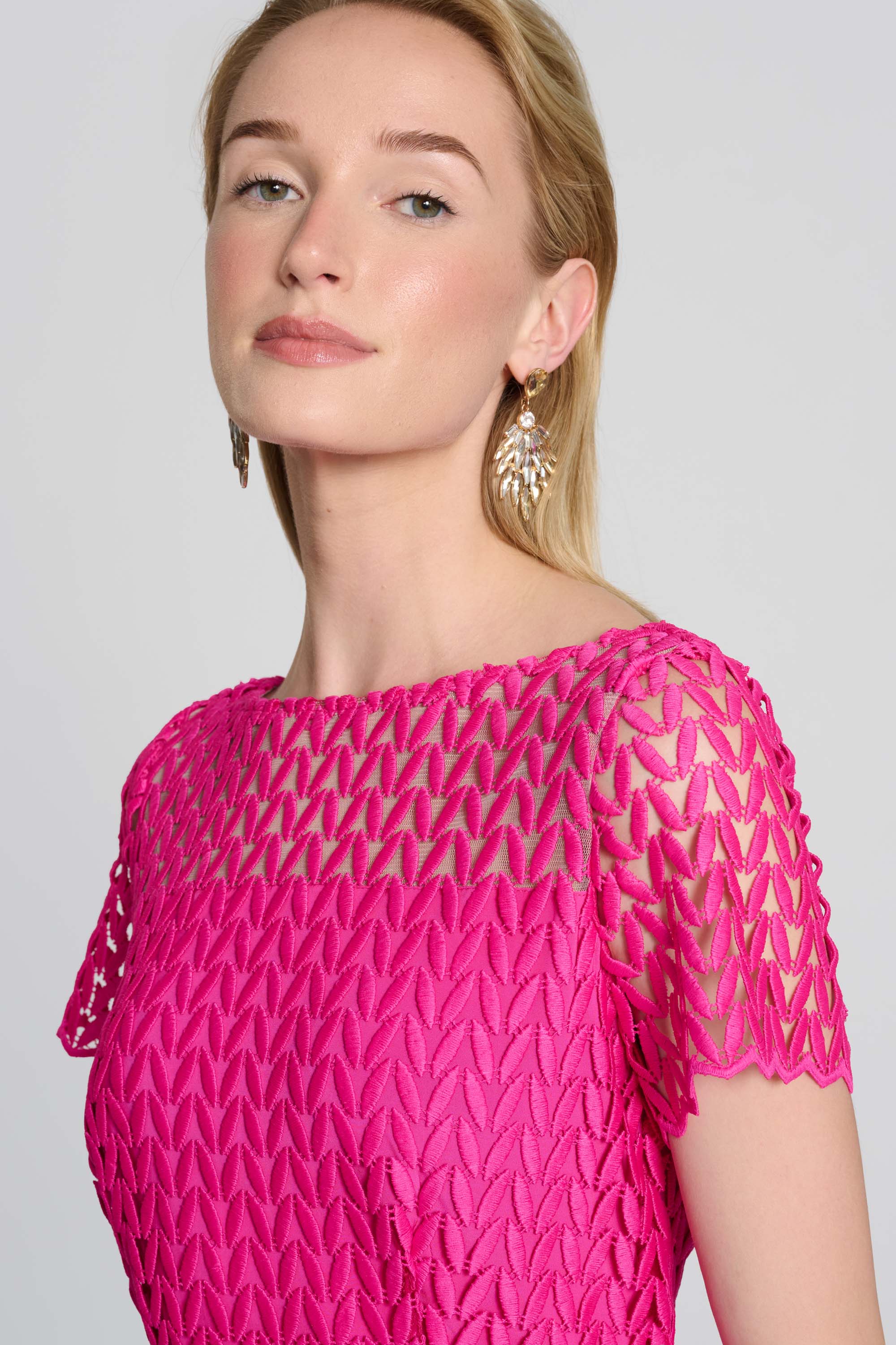 Phoebe - Joseph Ribkoff Pink Guipure Lace Flounce Dress