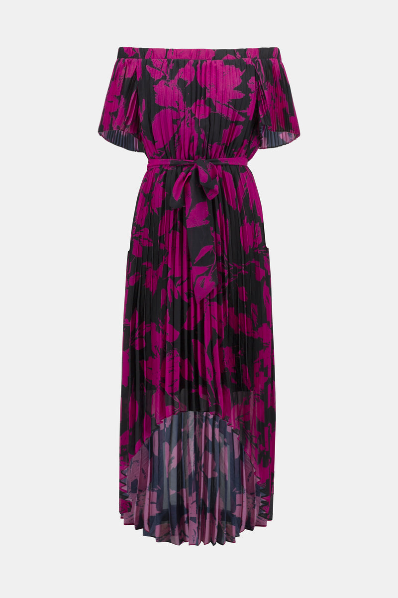 Joseph Ribkoff Floral Print Chiffon Off-Shoulder Pleated Dress