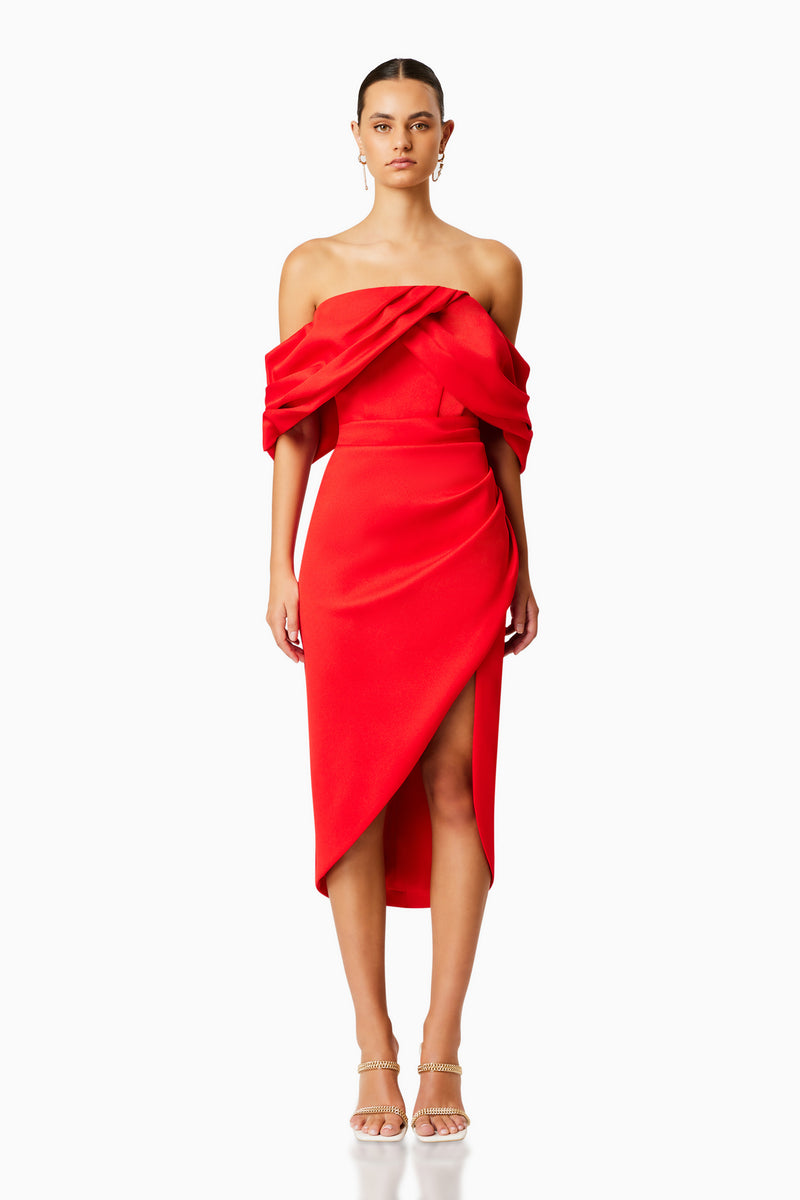 Elliatt March Off-Shoulder Midi Dress in Red