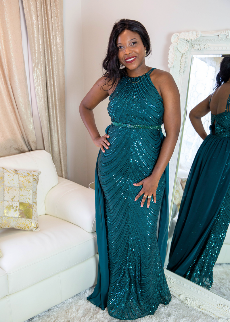 Khadita Navy Teal Mermaid Sequin Dress