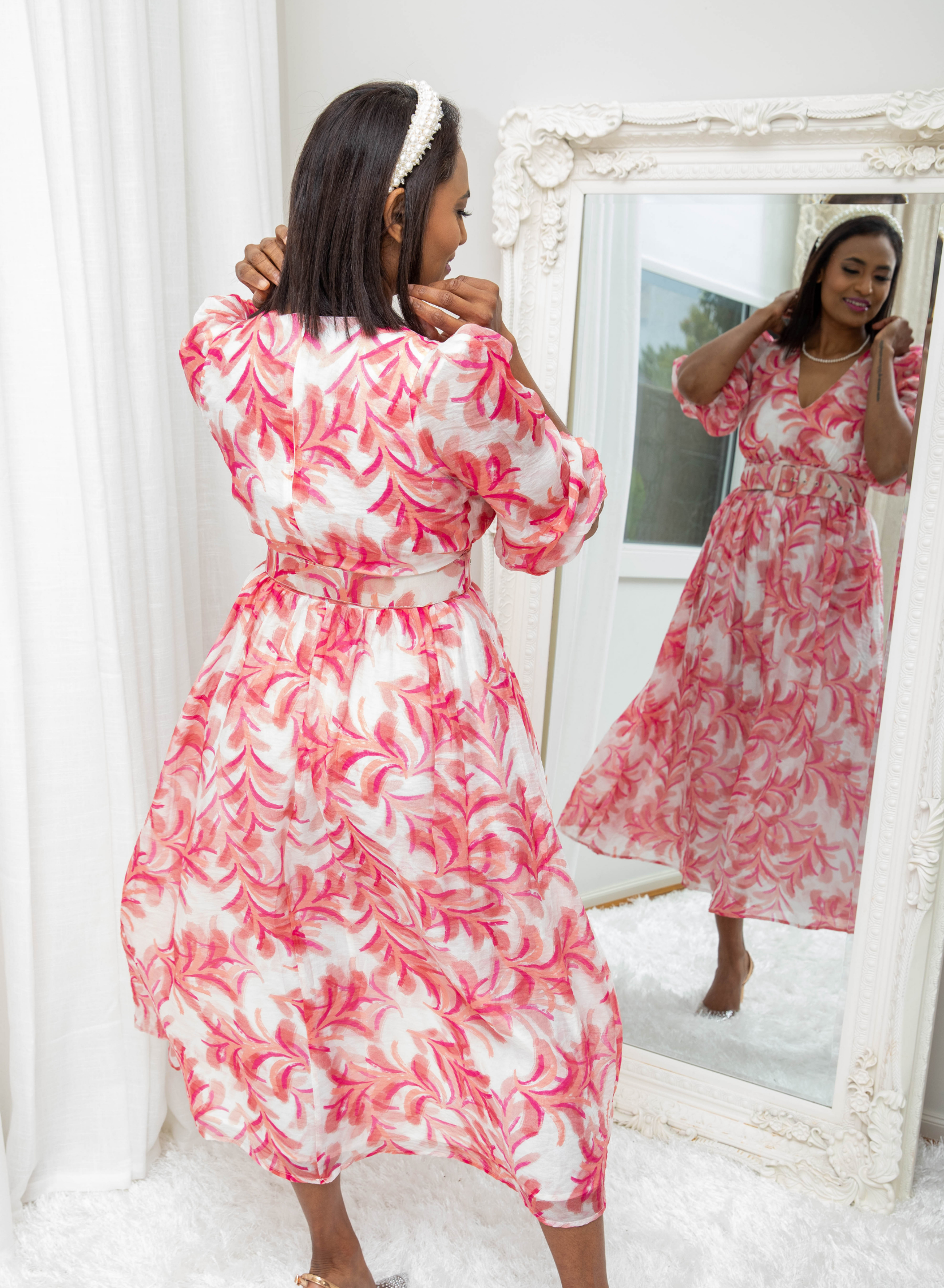 Amelia Pink and White Leaf Print Dress