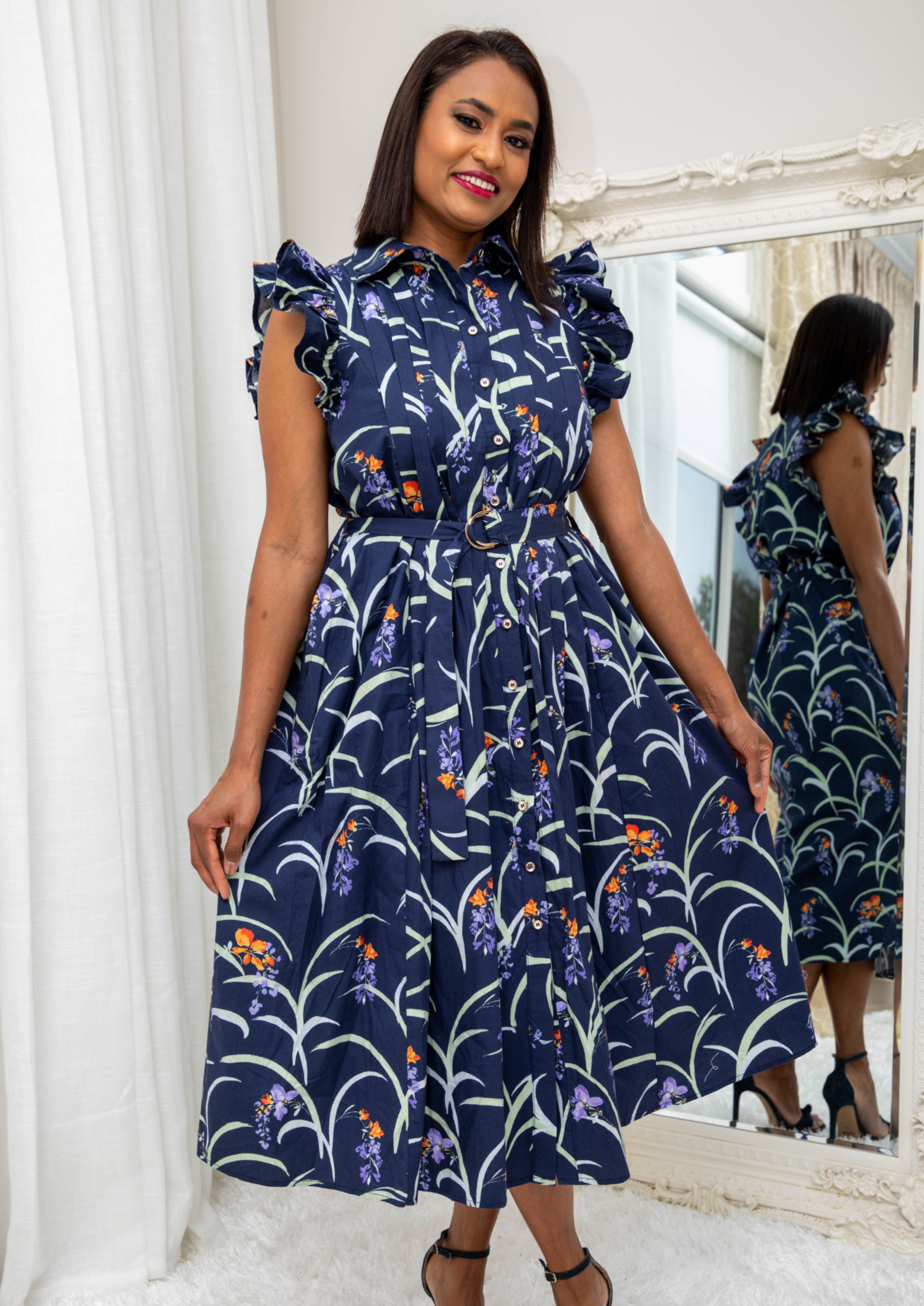 Zia Navy Blue Ruffle Sleeve Dress