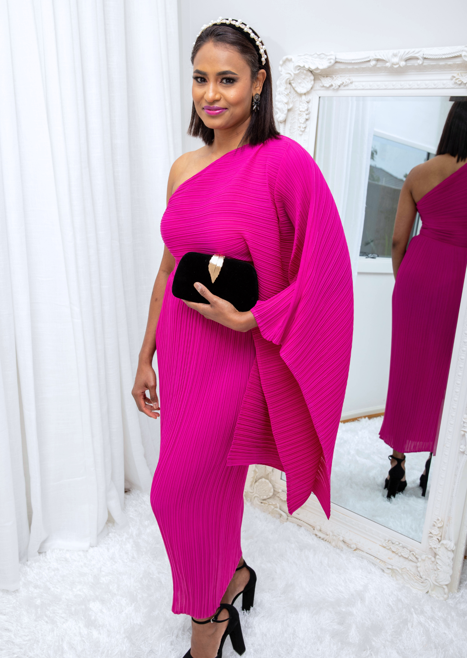 Amari Hot Pink Flowy One shoulder Dress