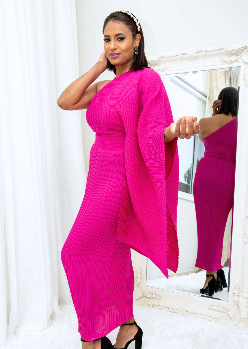 Amari Hot Pink Flowy One shoulder Dress