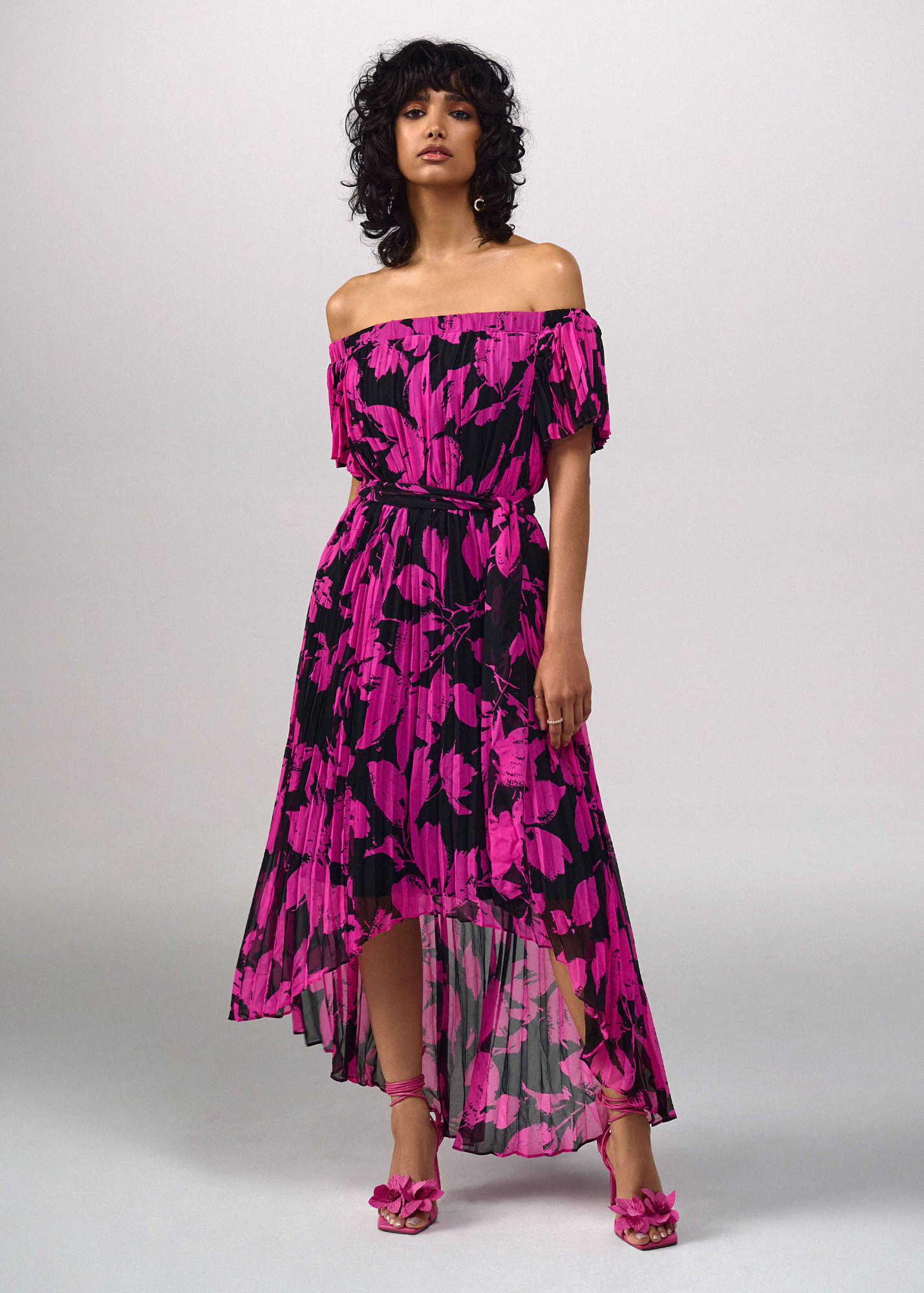 Joseph Ribkoff Floral Print Chiffon Off-Shoulder Pleated Dress