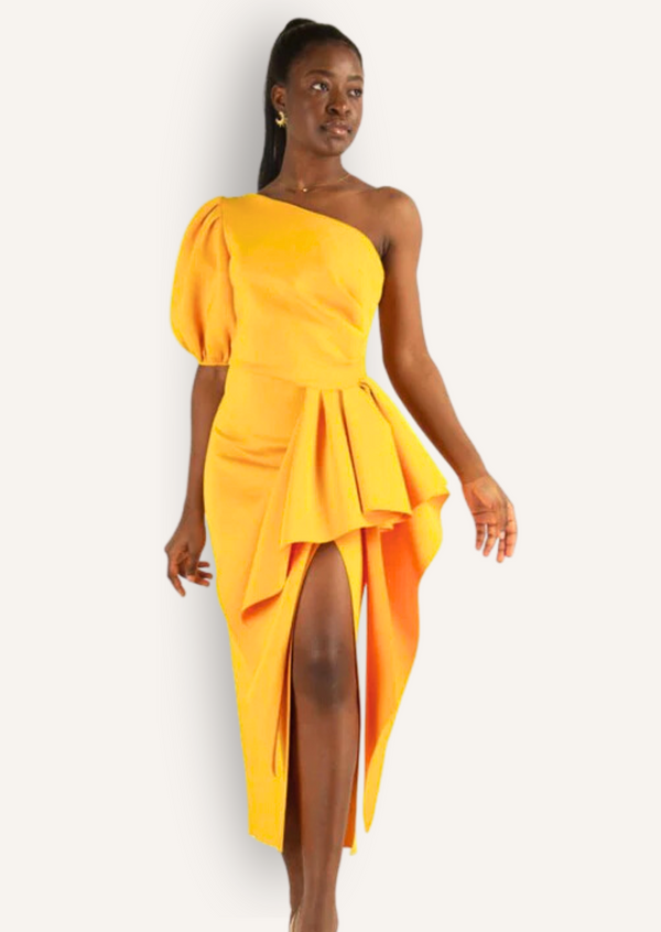 Yellow One Shoulder Slit Ruffle Dress