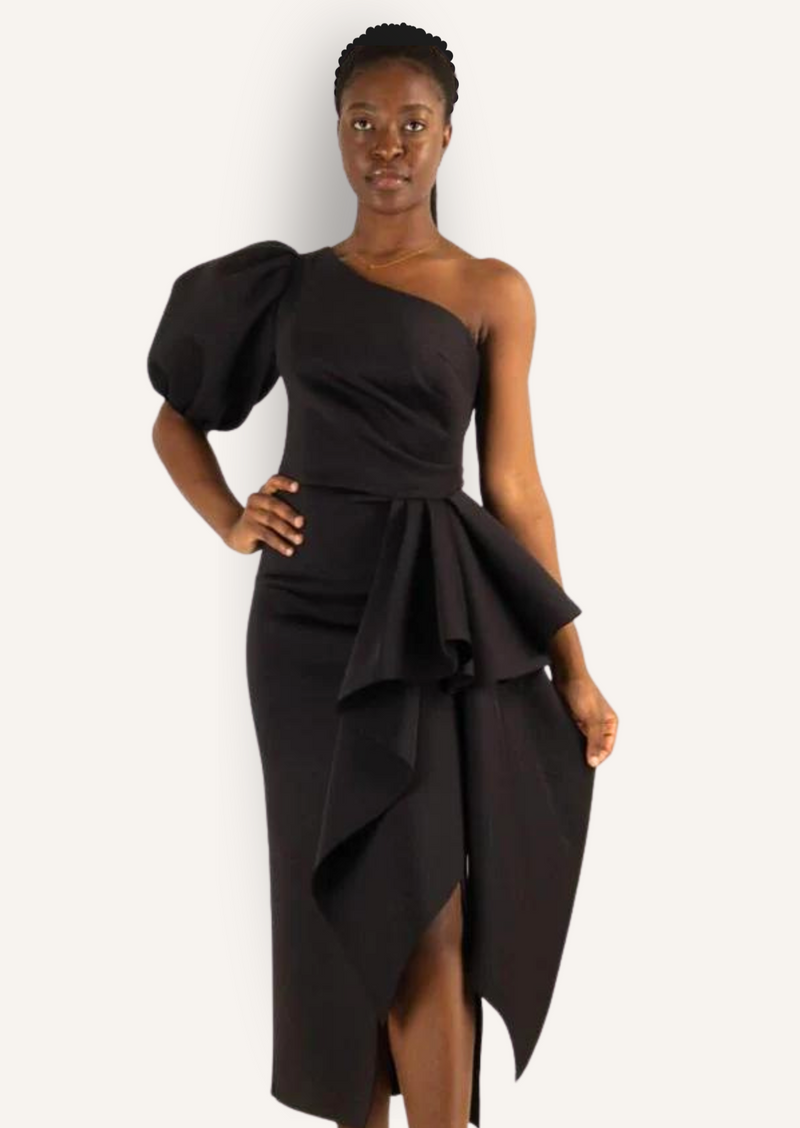 Black one sales shoulder frill dress