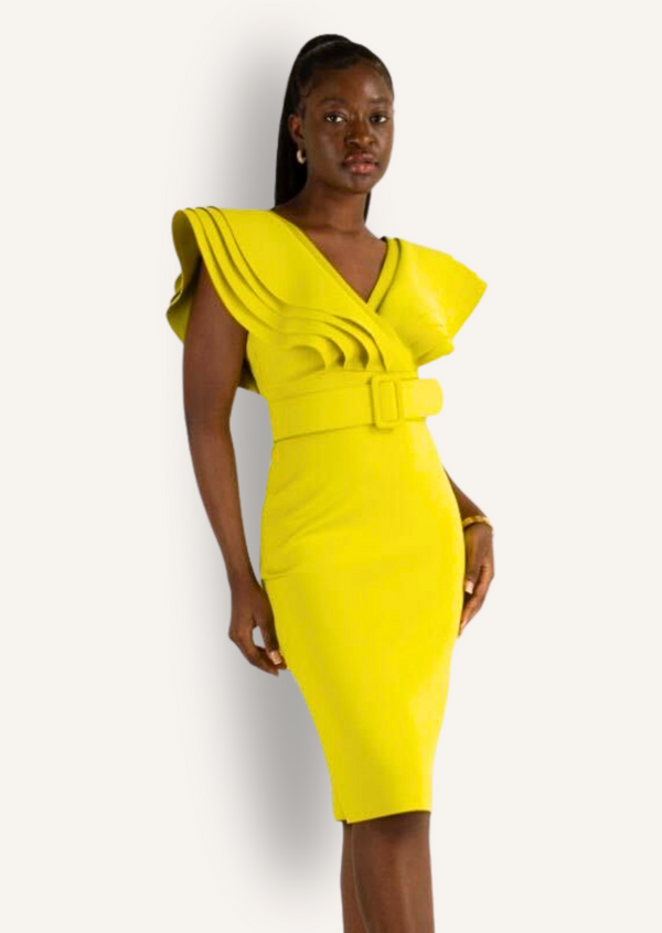 lime ruffle neck bodycon dress
