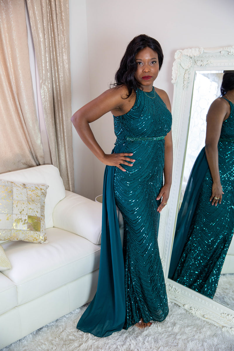 Khadita Navy Teal Mermaid Sequin Dress