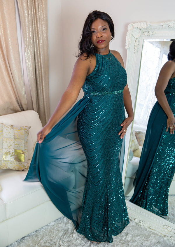 Khadita Navy Teal Mermaid Sequin Dress
