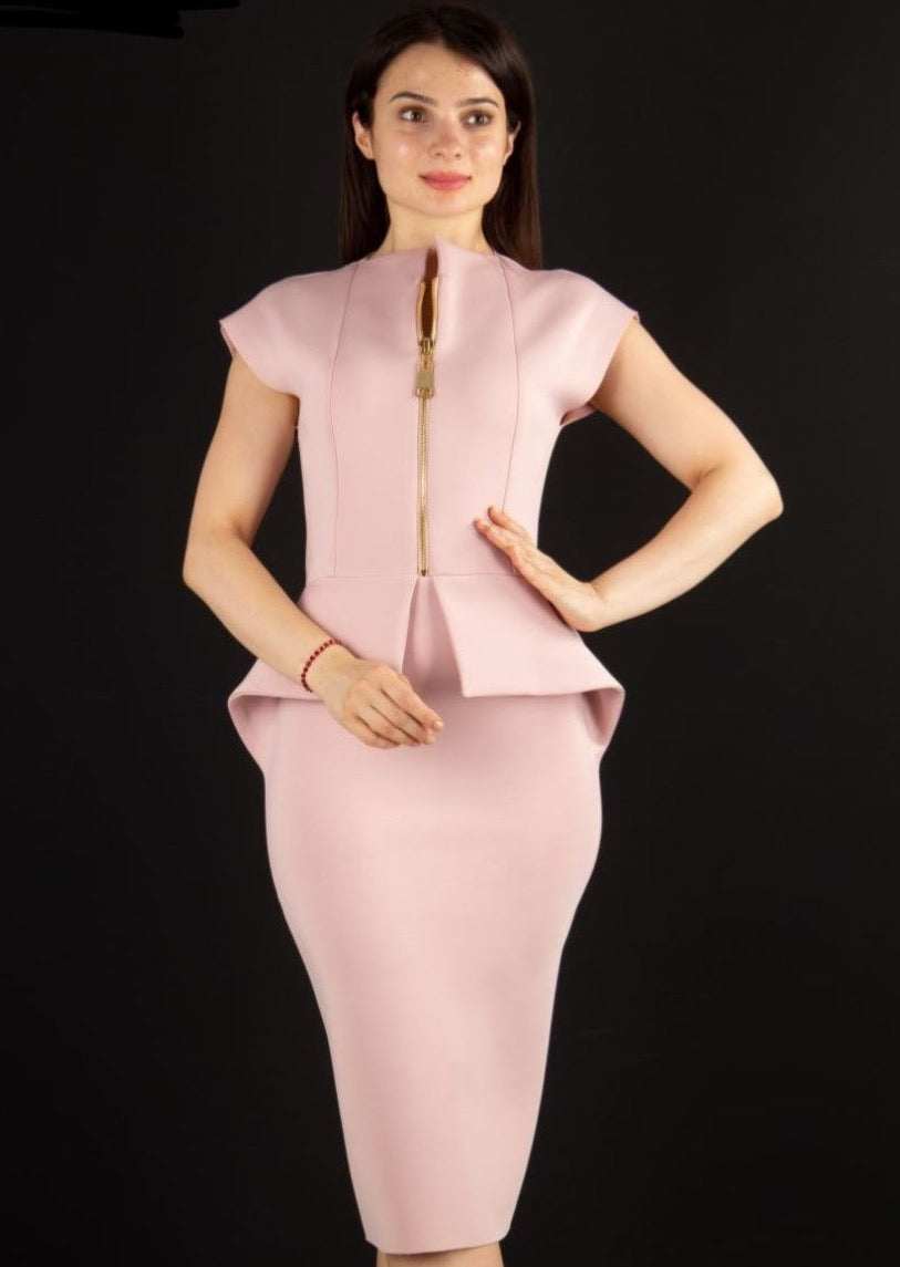 Amanda Front Zipper Peplum Dress- Blush