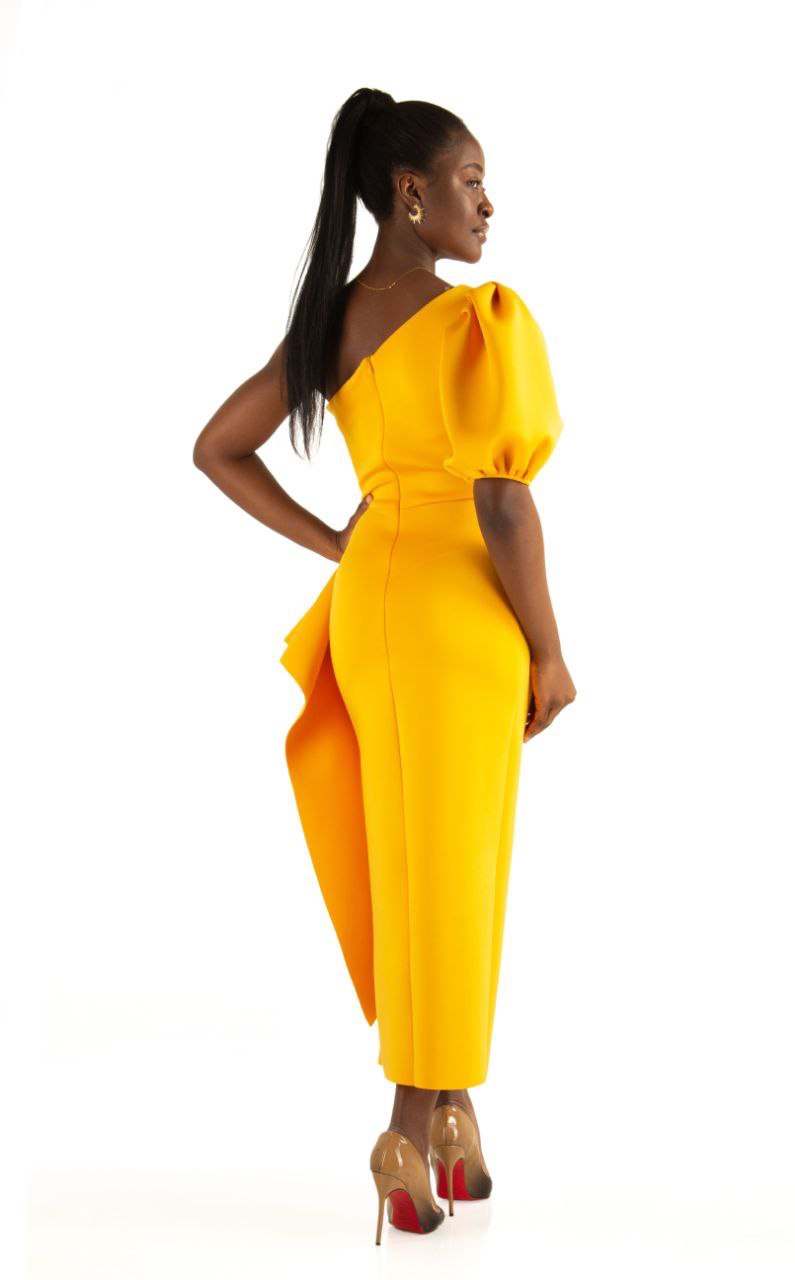 Yellow One Shoulder Slit Ruffle Dress