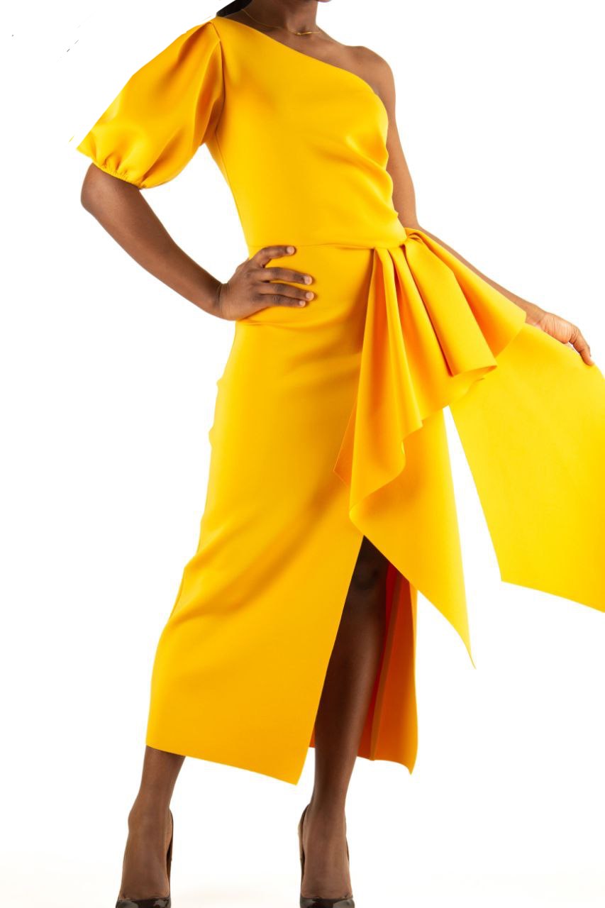 Yellow One Shoulder Slit Ruffle Dress