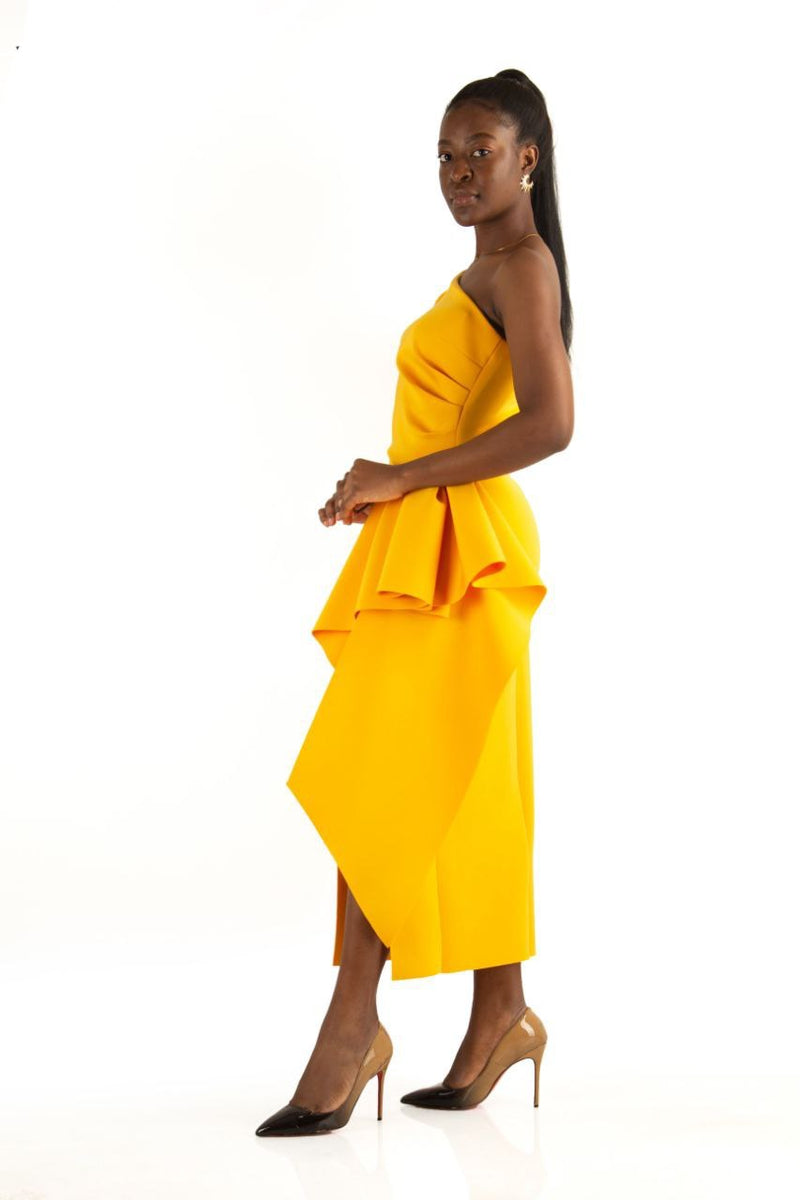 Yellow One Shoulder Slit Ruffle Dress