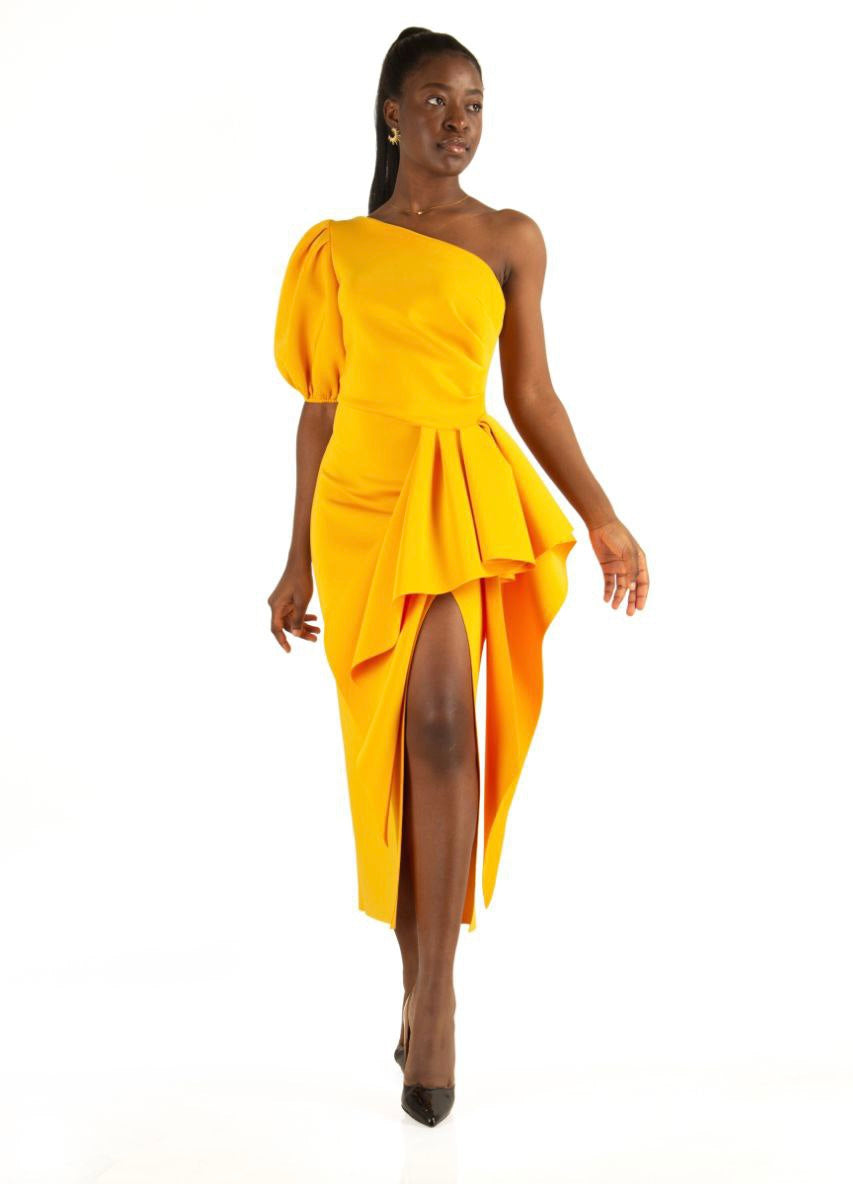 Yellow One Shoulder Slit Ruffle Dress