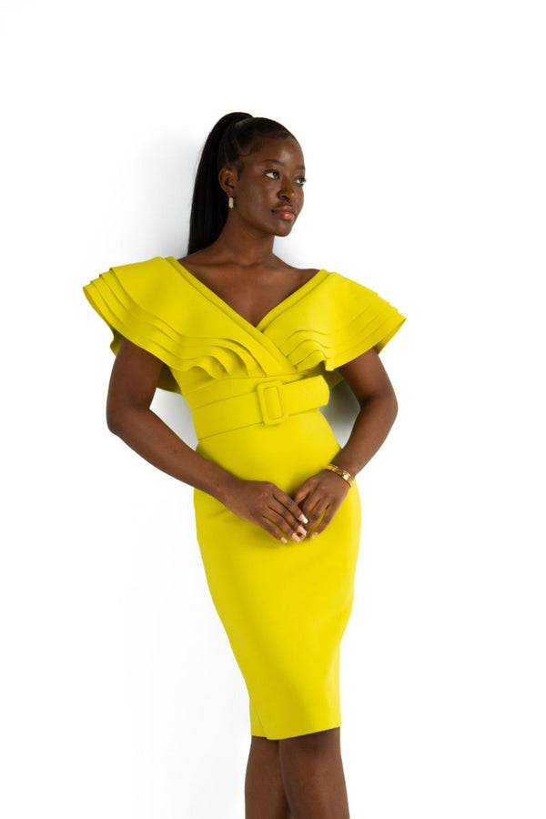 lime ruffle neck bodycon dress