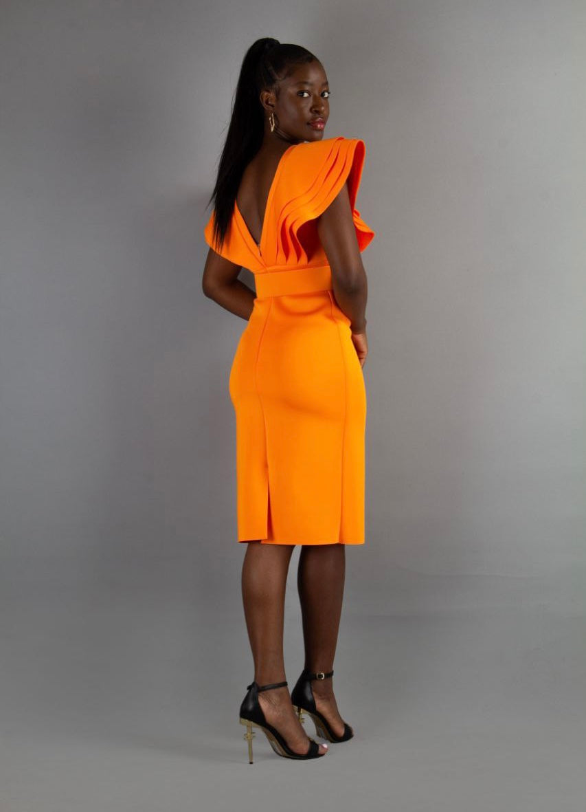 Olinda Orange ruffle neck bodycon dress