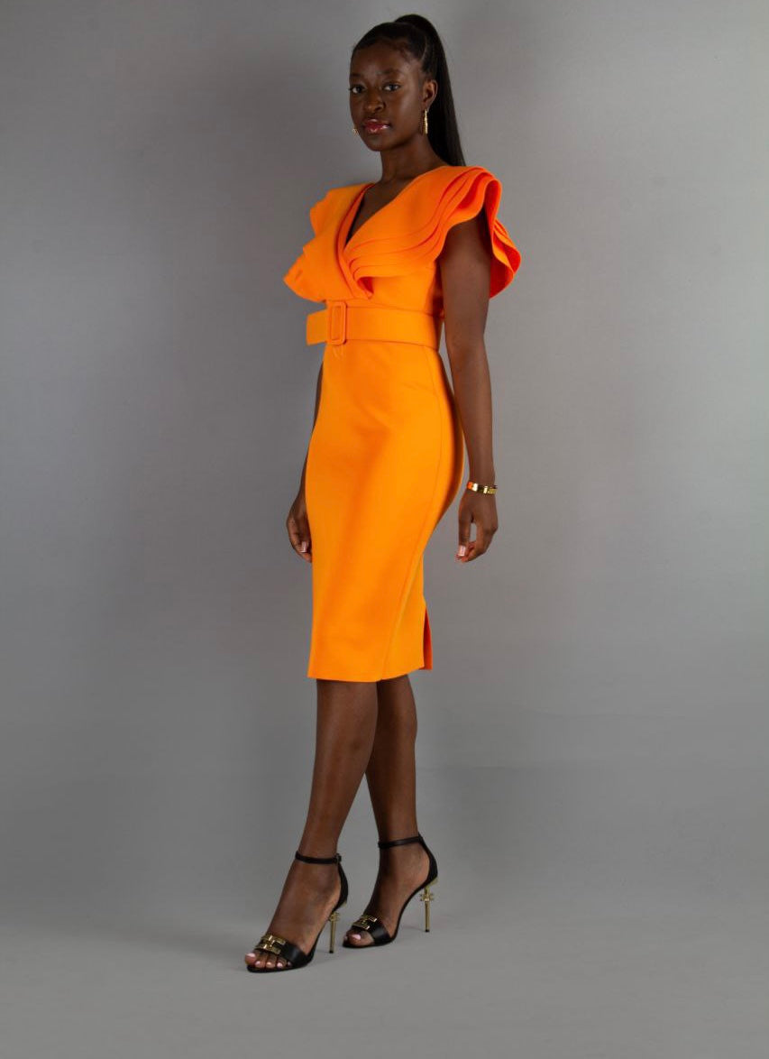 Olinda Orange ruffle neck bodycon dress