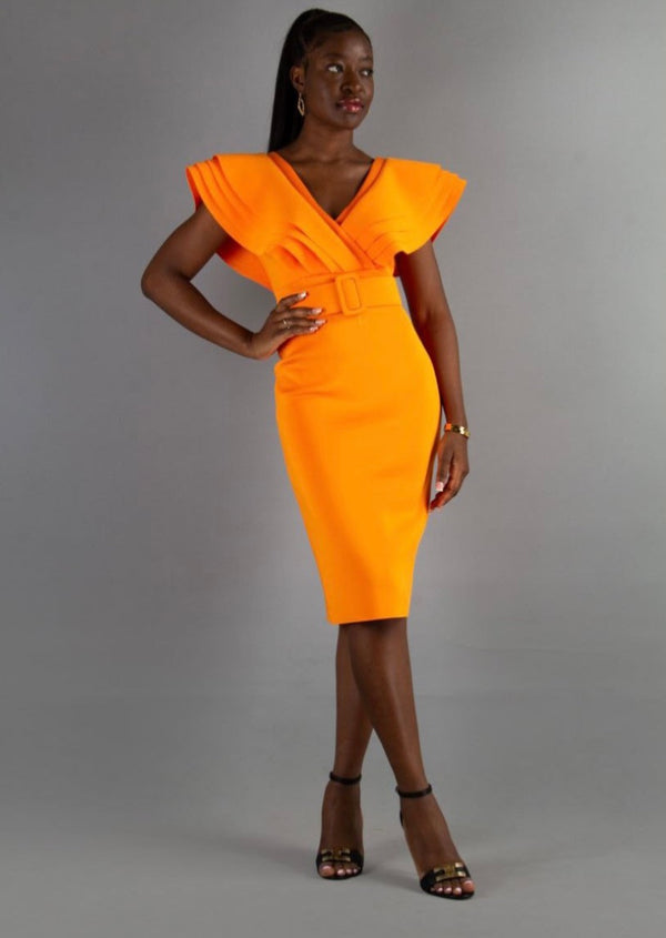 Olinda Orange ruffle neck bodycon dress