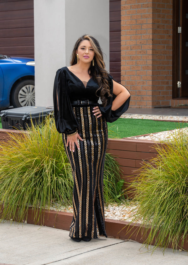 Bonnie Black and Gold Velvet sequin Dress